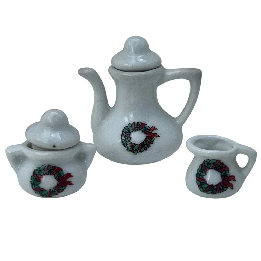 Miniature Tea Set Porcelain Christmas Wreath Dollhouse Scale 7 Piece‎ Vintage